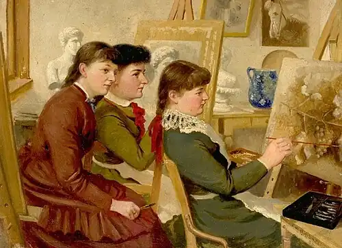 Three attentive women in an artists studio, one painting on a canvas as the others observe