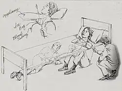 Sketch drawing showing a man positioned underneath a bed with his head sticking through the top.