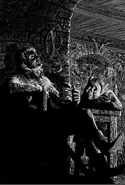 Frodo meeting Strider in The Prancing Pony. Scraperboard drawing by Alexander Korotich, 1981