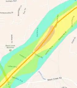 A map with several polygons and lines showing the tornado's strength at a given location
