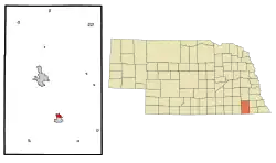 Location of Blue Springs within Gage County and Nebraska