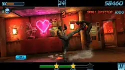 A video game screenshot of a man kicking an enemy's body.