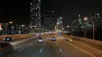 Nighttime view of six-lane roadway