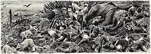 Corpses of soldiers and animals are strewn across a hilly field, while wild dogs scavenge on the dead