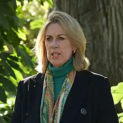 Georgie Crozier at press conference in Parliament Gardens (cropped).jpg
