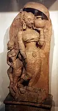 Terracotta Ganges and attendant; 1.47 metres, from Ahichchhatra, 5th-6th century CE, National Museum, New Delhi.[80]