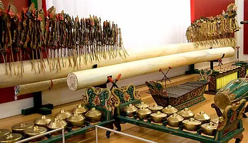 A wayang kulit set and a gamelan ensemble collection, Indonesia section at the Musical Instrument Museum, Phoenix, Arizona, United States.