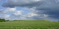 Grans Barrow on Toyd Down, Hampshire, U.K. The long barrow mound is 60 metres long, 20 metres wide and over 2 metres high.