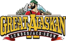 The logo features in the background trees next to a mountain. In the foreground, there is a lumberjack wearing a green hat and a red shirt and holding an axe. The bottom half of the photo features the show's logo, "Great Alaskan Lumberjack Show".