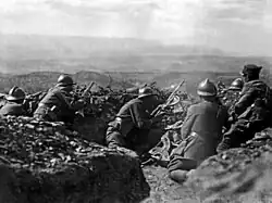 Greek soldiers at Afyonkarahisar, 1922, Greco-Turkish War (1919–1922). The soldiers wear Adrian helmets and third from left is armed with a Chauchat machine gun.