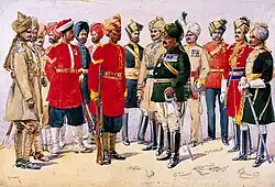 A painted illustration showing a group of men wearing various 19th Century military uniforms – some wearing sand-coloured tunics, some red and some black. All of the men are wearing turbans of various colours.