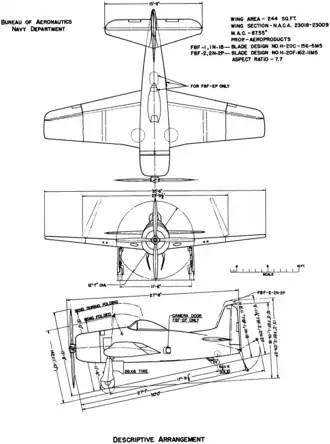 3-view line drawing of the Grumman F8F-2 Bearcat
