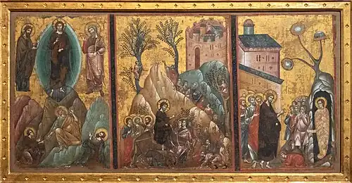 Guido da Siena, Transfiguration, entering Jesuralem, resurrection of Lazarus, 1270.