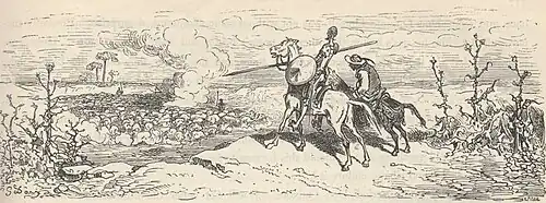 A line drawing of two mounted men looking down over a cliff at a rising cloud of smoke. The man on the left is garbed as a knight.