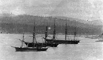 HM ships Grappler, Shearwater and Malacca (far right) on the Pacific Station, British Columbia