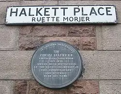 A plaque in Halkett Place, Saint Helier, commemorates Halkett's term as Lieutenant Governor of Jersey
