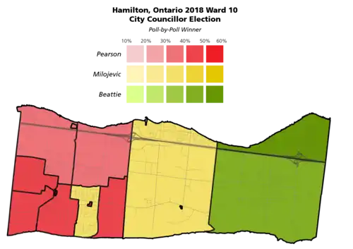 The poll-by-poll results for the Hamilton, Ontario Ward 10 city councillor election in 2018.