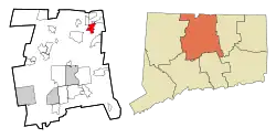 Location of Southwood Acres in Hartford County; Location of Hartford County in Connecticut
