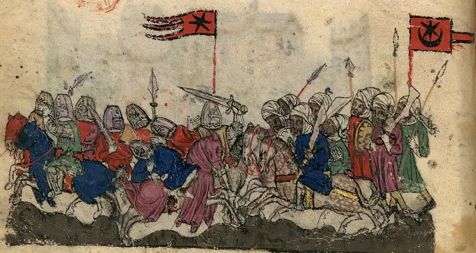 A medieval manuscript illustration showing soldiers fighting a melée, with one side distinguished by turbans and a red flag carrying a crescent and star and the other side wearing armored face coverings under a red flag carrying a six-pointed star