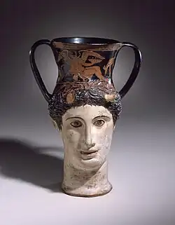 Iliupersis Painter (Southern Italy, active 375–350 BC), Head-Kantharos of a Female Faun or Io (?), red-figure pottery