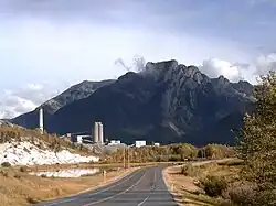 Heart Mountain and the Cement Plant at Exshaw. Community is east (left) of the plant.