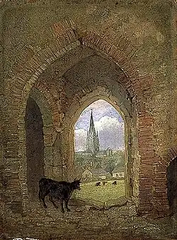View through the archway of the Cow Tower, Norwich, showing the Dean Meadow (1840), Norwich Guildhall.