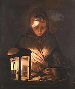 Henry Robert Morland, A young woman shucking oysters by lamplight, Private Collection