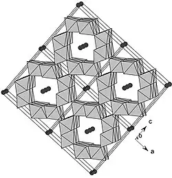 Polyhedral representation of the 2 × 2 tunnel structure of cryptomelane. The black atoms represent K.[7]