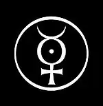 White symbol inside a white circle on a black background