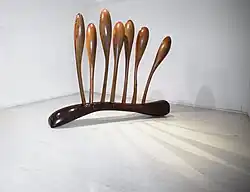 Ranjani Shettar's wooden sculpture Honeysuckle and mercury in a thick midnight plot (2016)