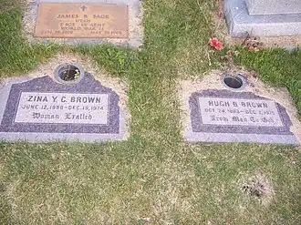 Grave marker of Hugh B. Brown and his wife Zina C. Brown.