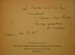 1945 dedication by Raphael Lemkin, who defined the term Genocide, to ICRC president Max Huber