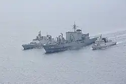 Sahyadri with JMSDF Ōmi and a Kamorta-class corvette during Malabar exercise.