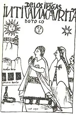 Guaman Poma 1615: "IDOLOS DE LOS INGAS INTI, UANACAURI, TAMBOTOCO" (Idolos de los Incas Inti, Wanakawri, Tampu T'uqu)