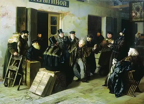 Illarion Pryanishnikov, Jokers (1865). Gostiny Dvor in Moscow