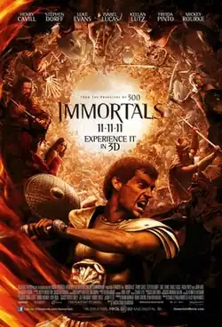 Several soldiers fighting against a fiery background with the words "Immortals" and the date "11.11.11" in the foreground
