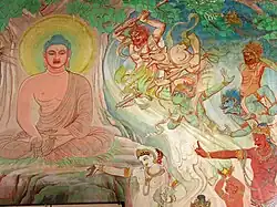 Fresco in the modern Mulagandha Kuty Vihara, by Japanese artist Kosetsu Nosu depicting the Maras attempting to distract the Buddha from gaining enlightenment
