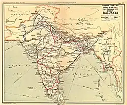 The trunk lines proposed by the Governor-General of India, Lord Dalhousie in his Railway minute of 1853 (shown in red on a 1908 railway map of India).