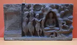 The Buddha meditating in the Indrasala Cave. 2nd-century CE relief from Loriyan Tangai, Gandhara