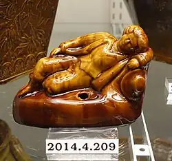 Inkwell, American or English, yellow earthenware, Rockingham glaze