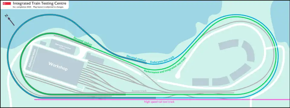 A map of the Singapore Rail Test Centre (SRTC) facility, showing several test tracks surrounding the workshop, forming a loop. The high-speed test track (marked in pink) is the outermost loop. Marked in dark green is the performance and integration track for evaluating overall train performance and the light green drank is the endurance track.