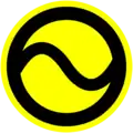 A black tilde inside a black circle, over a yellow background