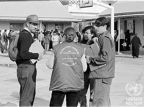 International observers at an election post in the Gaza Strip.