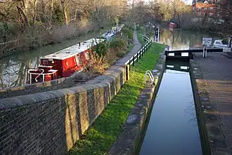 Isis Lock, linking the mill stream (right) and the Oxford Canal (left).