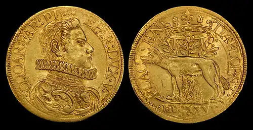 Odoardo Farnese depicted on a gold 2 doppie coin (1626).
