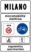 Town sign: start of urban area where electric micromobility is being experimented (50 km/h speed limit, no use of horn and particular caution to cyclists and motorized scooters)[9]