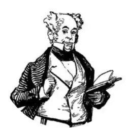 drawing of the head and torso of a bald white man of mature years, holding an open book, with a wry facial expression