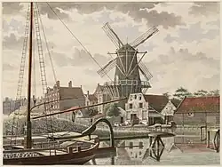 Nieuwe Prinsengracht from Onbekendegracht with "De Eendracht" mill (demolished 1876). J.M.A. Rieke