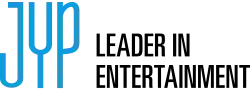 An image of JYP Entertainment's logo. The text "JYP" is displayed in blue color, and the text "Leader in Entertainment" in black.