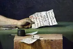 Detail from The Death of Marat by Jacques-Louis David. Marat's dead hand grips a piece of bloody paper which reads, "July 13, 1793. Marie Anne Charlotte Corday to Citizen Marat. Suffice it to say that I am very unhappy to be entitled to your benevolence."